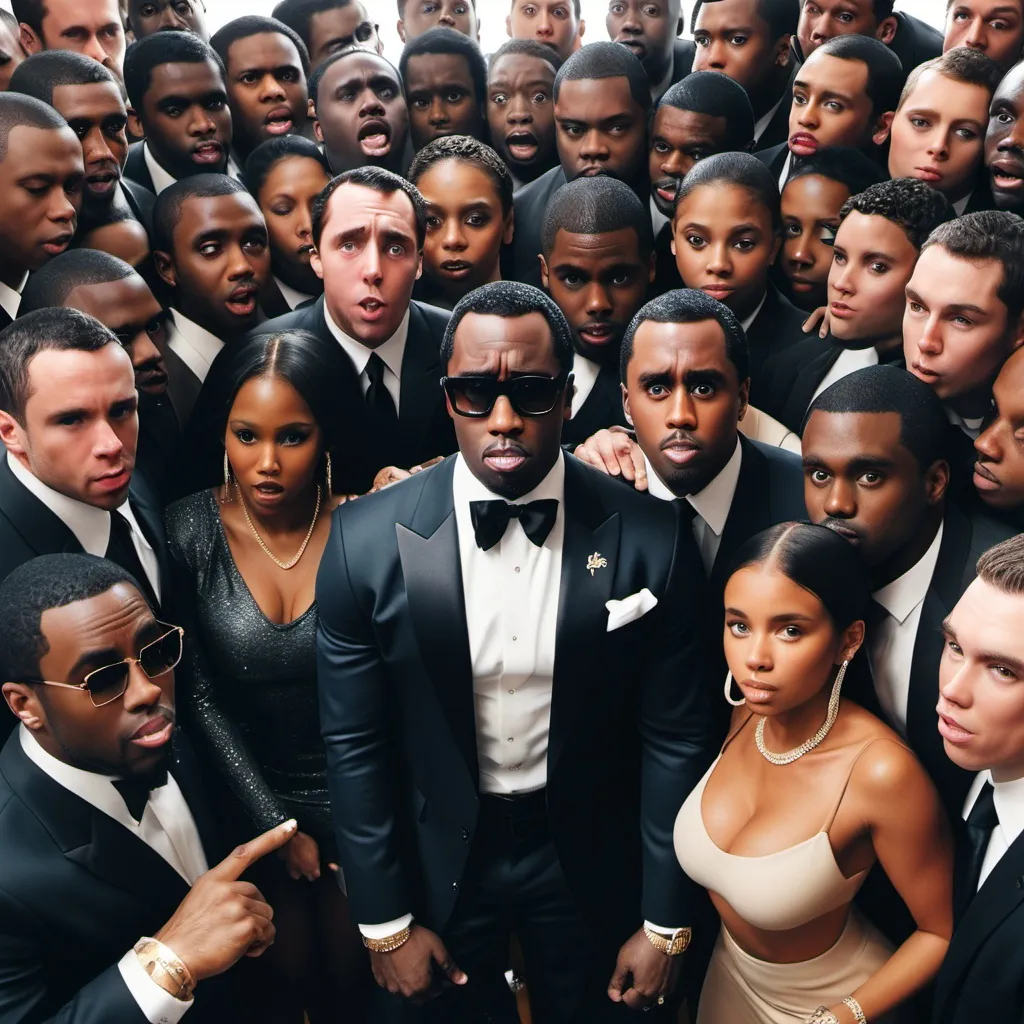 Prompt: generate picture of Diddy being surrounded by 100 black people with big 

