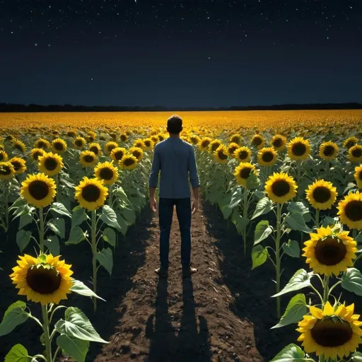 Prompt: far view animated man middle of the night at the field of sunflowers
