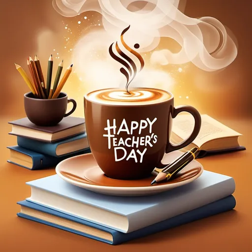 Prompt: (coffee design), (celebration illustration), warm color tones, cheerful ambiance, a steaming coffee cup with artistic foam art, books and stationery around, thoughtful details symbolizing education, lush background with soft light effects, "Happy Teachers Day" (accurately spelled text "Happy Teachers Day"), ultra-detailed, festive, inviting atmosphere.