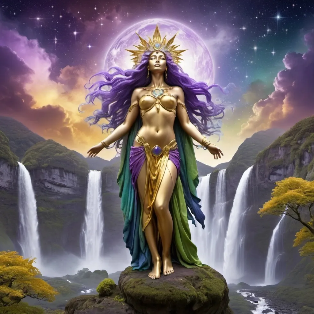 Prompt: Mother Earth standing on the Earth like a warrior goddess cloaked in clouds, tree covered mountains with waterfalls flowing from her hair.   Venus goddess standing among  the cosmos full of stars all the colours of the cosmos purples, yellows, greens, blues, gold, silver glistening and sparkling.  high resolution. 