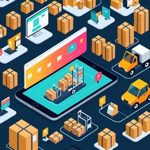 Prompt: flat illustration, (create video animation flow for warehouse system), seamless integration, digital mobile application, POS system, stock management, (dynamic visual representation), modern interface, intuitive design, inventory tracking, vibrant color palette, (high-tech ambiance), organized layout, (high quality), representing efficient logistics and productivity.