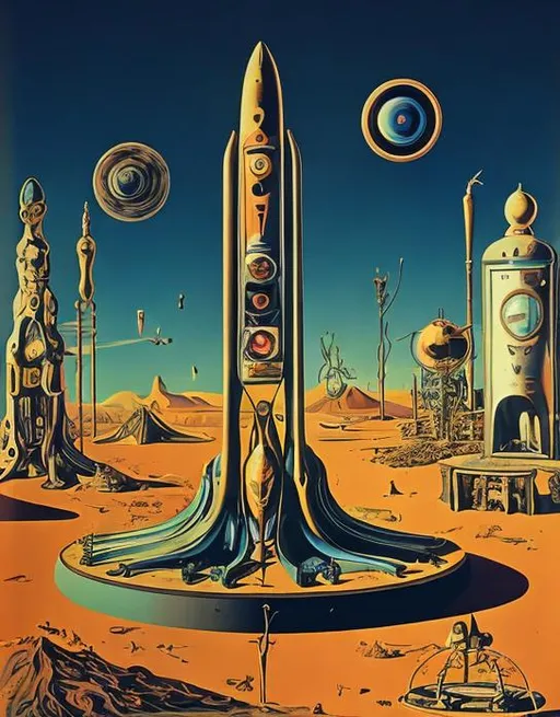 Prompt: retro futurism poster, salvador dali, desert, rocket city, technology