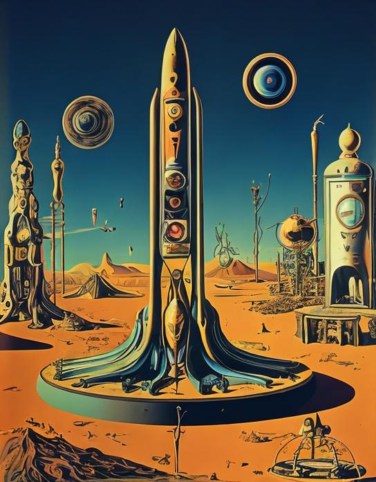 Prompt: retro futurism poster, salvador dali, desert, rocket city, technology