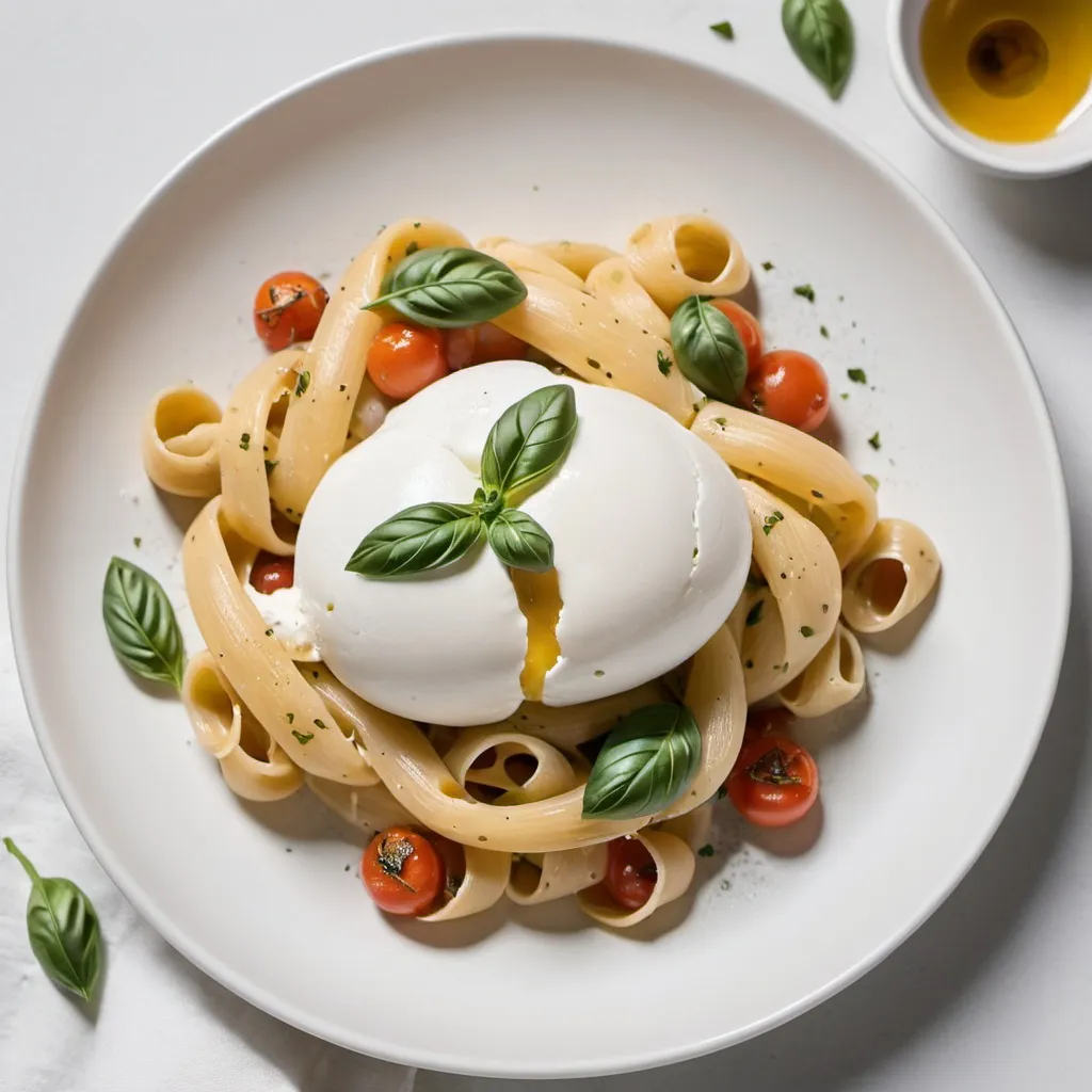 Prompt: pasta burrata at white table