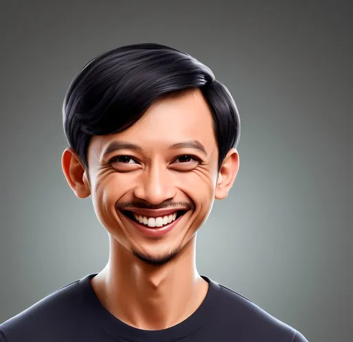 Prompt: Create a close up realistic cartoon style 4D caricature with a big head. A handsome young Indonesian man with an oval face, undercut black hair, smiling with his mouth closed. He has dimples on his cheeks, Sharp and expressive eyes wearing a black shirt.The background is a gray gradient. photo studio lighting