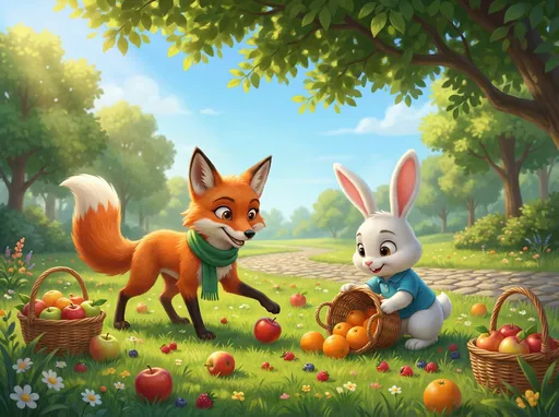 Prompt: The park returns to normal as @NkwdzhUy6C3XrsorIoi0 helps @bqW5NPJMsK9y8jG3htuQ pick up fruits under a bright sky