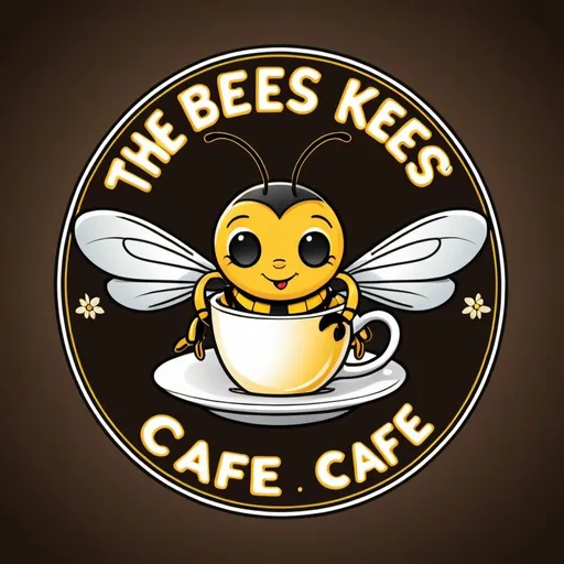 Prompt: The Bees Knees Cafe logo, cartoon bee, coffee cup with steam, yellows, light browns,
