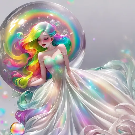 Prompt: Undersea darker background, a beauty with rainbow hair and closed eyes in white partially transparent silky mermaid like gown with pale color at the gown end, holding a shining glass ball