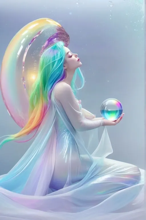 Prompt: Undersea darker background, a beauty with rainbow hair and closed eyes in white partially transparent silky mermaid like gown with pale color at the gown end, holding a shining glass ball