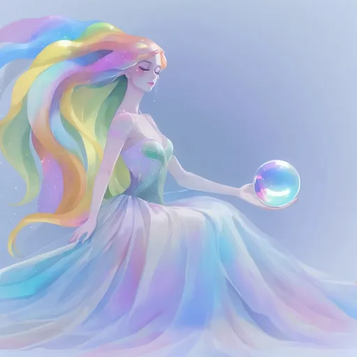 Prompt: Undersea darker background, a beauty with rainbow hair and closed eyes in white partially transparent silky mermaid like gown with pale color at the gown end, holding a shining glass ball