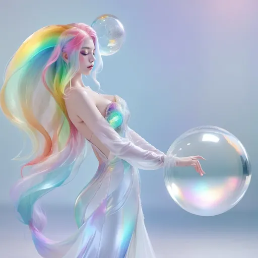 Prompt: Undersea darker background, a beauty with rainbow hair and closed eyes in white partially transparent silky mermaid like gown with pale color at the gown end, holding a shining glass ball