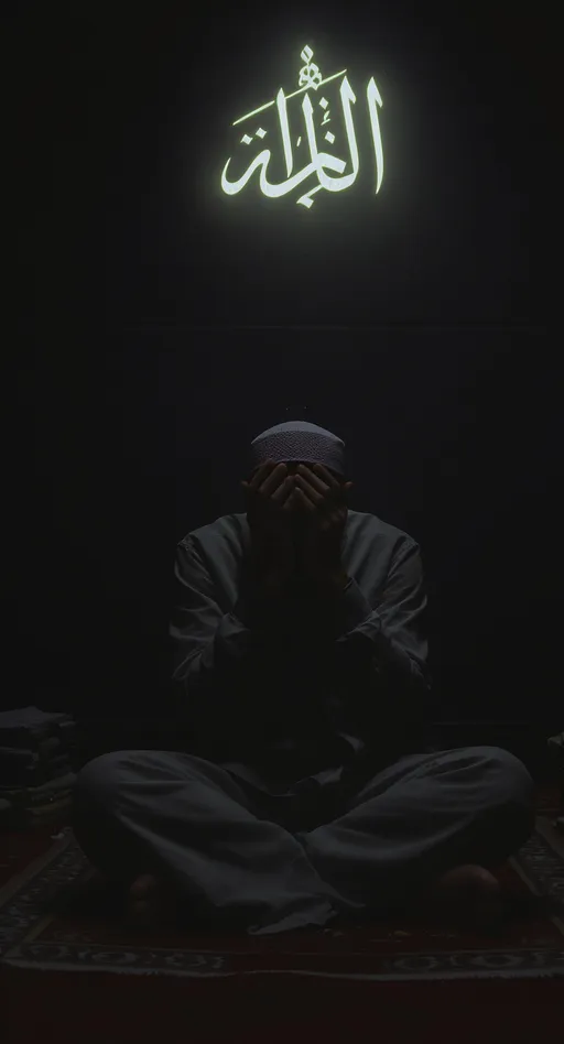 Prompt: A worried young Muslim man sitting alone on a prayer mat in a dimly lit room, his hands on his forehead, showing sadness and anxiety, Islamic calligraphy faintly glowing on the wall.