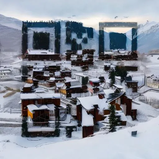 Prompt: a snowy village with mountains on the back