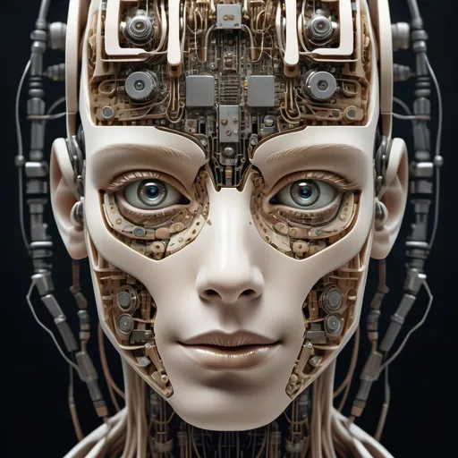 Prompt: "A highly detailed illustration of a human face  revealing intricate robotic components. The human side has natural skin tones, expressive eyes, and subtle imperfections, while the robotic side is composed of metallic plates, glowing circuits, and mechanical joints. The contrast between the organic and artificial elements is striking, with soft textures on the human side blending seamlessly into the sleek, futuristic design of the robot side. The background is minimal, emphasizing the face and the duality of humanity and technology."