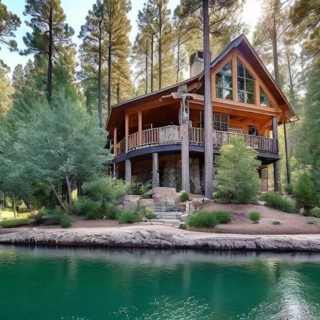 Prompt: dream home on a river with pine trees and sun shining through the trees and a rocking chair on the porch