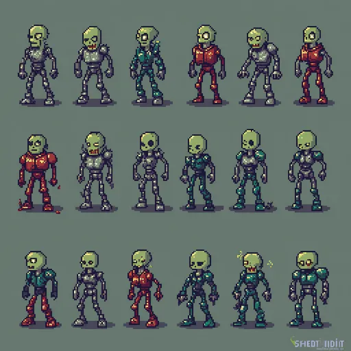 Prompt: Pixelart zombie-cyborg sprite sheet
