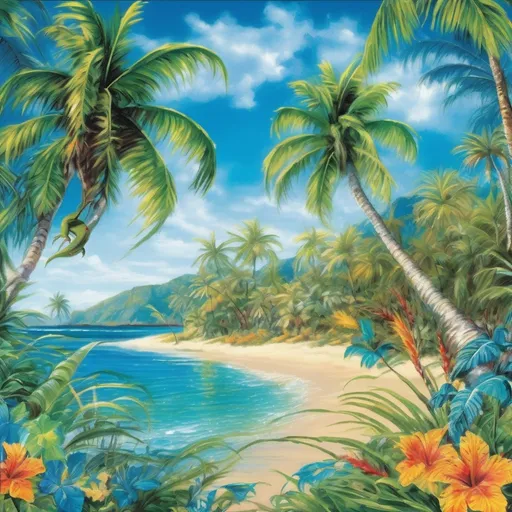 Prompt: (lizard in the Caribbean), vibrant tropical colors, vivid greens and blues, golden sandy beach backdrop, sparkling clear water, intricate lizard scales shimmering, lush palm trees swaying gently, a bright sunny sky, inviting atmosphere, high-detailed, ultra-realistic scene, adds serene and joyful ambiance, showcasing the unique biodiversity of the Caribbean setting.