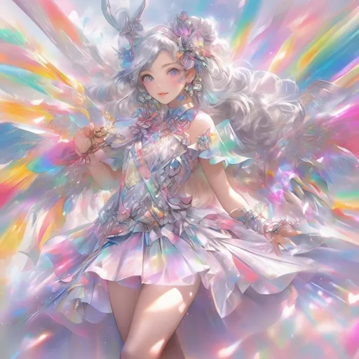 Prompt: magical girl vibrant, silver and rainbow color scheme, flowing costume with sparkling accents, detailed anime eyes, high quality, vibrant colours, magical girl, mystical, detailed costume rainbow patterned skirt, detailed eyes, arm blade weapon. silver hair with rainbow highlights, dress, silver, rainbow