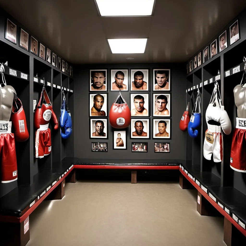 Prompt: create a boxing locker room. Have pictures of famous boxers on the wall. The room should have gloves and other boxing related things.