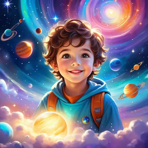 Prompt: Unbelievably cute young boy, celestial celebration, birth of a new planet, space-themed, vibrant and colorful, high quality, digital painting, cosmic atmosphere, stars, planets, joyful expression, twinkling lights, astronomical event, celestial, cosmic colors, whimsical style, fantasy art, glowing aura, lively composition, celestial lighting