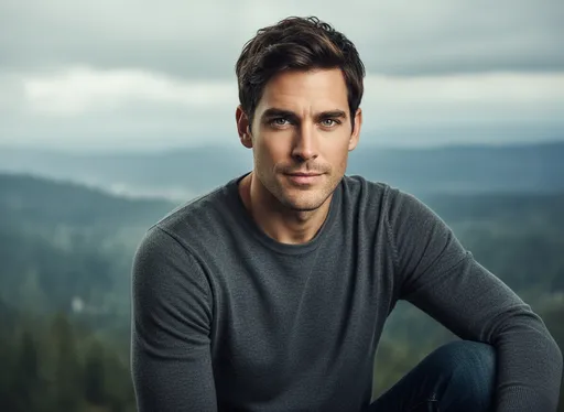 Prompt: Dreamy handsome man, 30–35, strong jawline, high cheekbones, stormy gray or deep green eyes, slightly tousled dark brown hair, lean athletic build, fitted casual clothes, calm magnetic presence, rare smile, cinematic realistic portrait, soft natural lighting, detailed, upper body focus, subtle blurred background