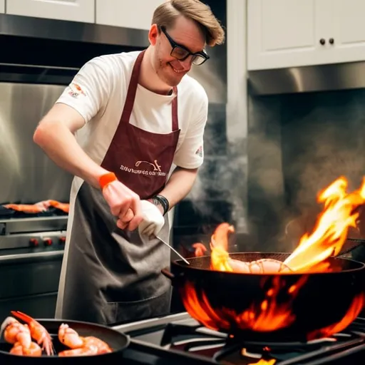 Prompt: a nerdy white man, cooking shrimp and various seafood, flame cooking with using brandy