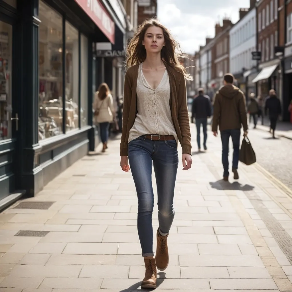 Prompt: Tall young woman walking down the high street, detailed clothing, realistic, natural lighting