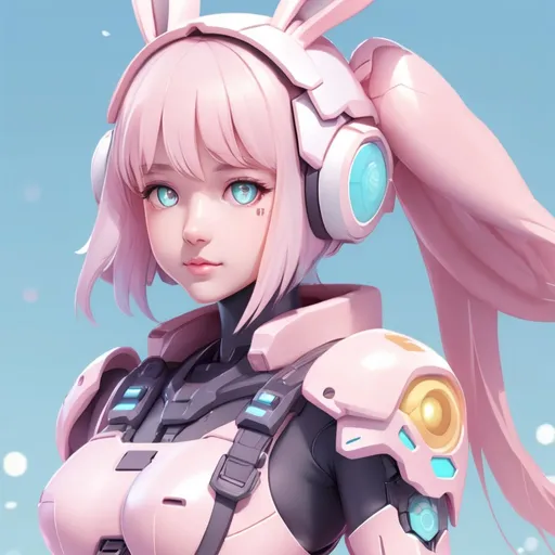 Prompt: Cute pastel full-body female VTuber design, bunny-inspired, mecha boots and gloves, soft and warm color palette, detailed eyes and facial features, high-res, mecha, pastel, cute, bunny-inspired, detailed eyes, full-body design, soft color palette, warm lighting