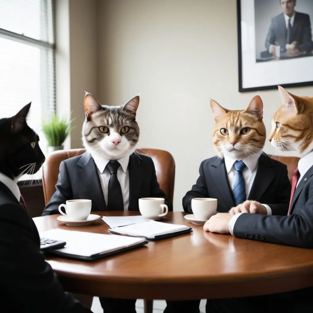 Prompt: This image depicts a humorous scene of a cat-run business meeting. There are four cats, each dressed in formal attire, sitting around a wooden table. The cat on the left is holding a remote control, possibly indicating that he is the CEO or managing director. The cat in the center is wearing a suit and tie, which suggests he might be the CFO or COO. The cat on the right is also wearing a suit and tie, but he is holding a coffee cup, which could indicate that he is the marketing manager or sales director. The fourth cat is sitting in a chair, wearing a suit and tie, and appears to be listening intently to the discussion. The table is covered with various office supplies such as pens, papers, and a laptop. The overall atmosphere of the image is lighthearted and playful, adding a touch of humor to the seriousness of a typical business meeting.