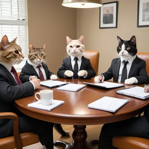 Prompt: This image depicts a humorous scene of a cat-run business meeting. There are four cats, each dressed in formal attire, sitting around a wooden table. The cat on the left is holding a remote control, possibly indicating that he is the CEO or managing director. The cat in the center is wearing a suit and tie, which suggests he might be the CFO or COO. The cat on the right is also wearing a suit and tie, but he is holding a coffee cup, which could indicate that he is the marketing manager or sales director. The fourth cat is sitting in a chair, wearing a suit and tie, and appears to be listening intently to the discussion. The table is covered with various office supplies such as pens, papers, and a laptop. The overall atmosphere of the image is lighthearted and playful, adding a touch of humor to the seriousness of a typical business meeting.