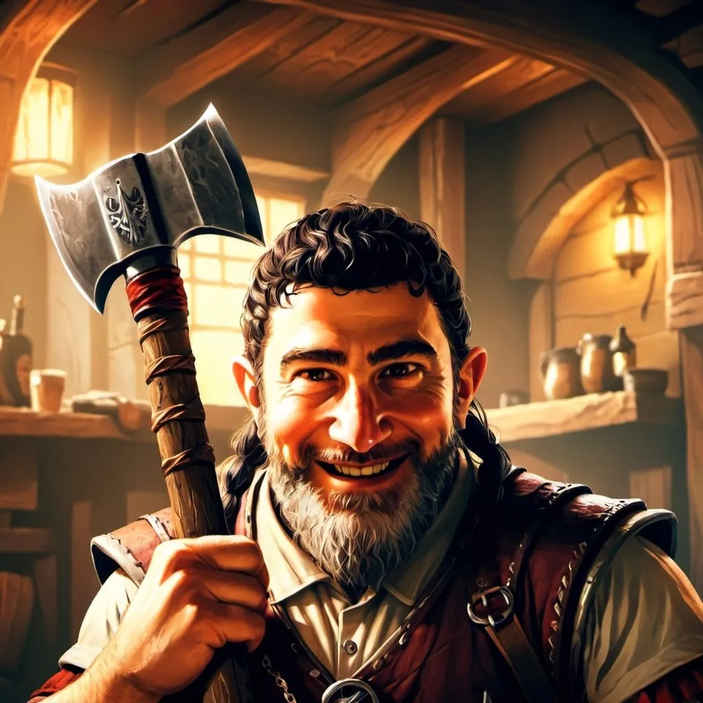 Prompt: dwarf character holding an axe in a tavern , fantasy character art, illustration, dnd, warm tone