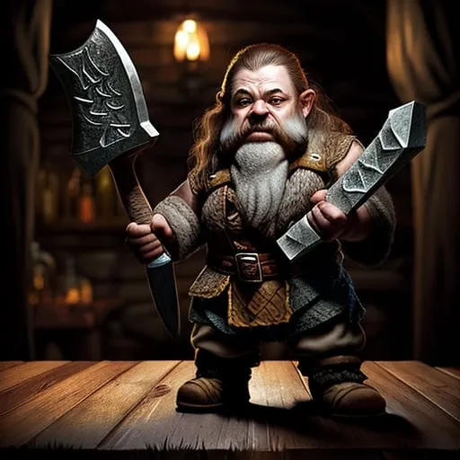 Prompt: dwarf character holding an axe in a tavern , fantasy character art, illustration, dnd, warm tone