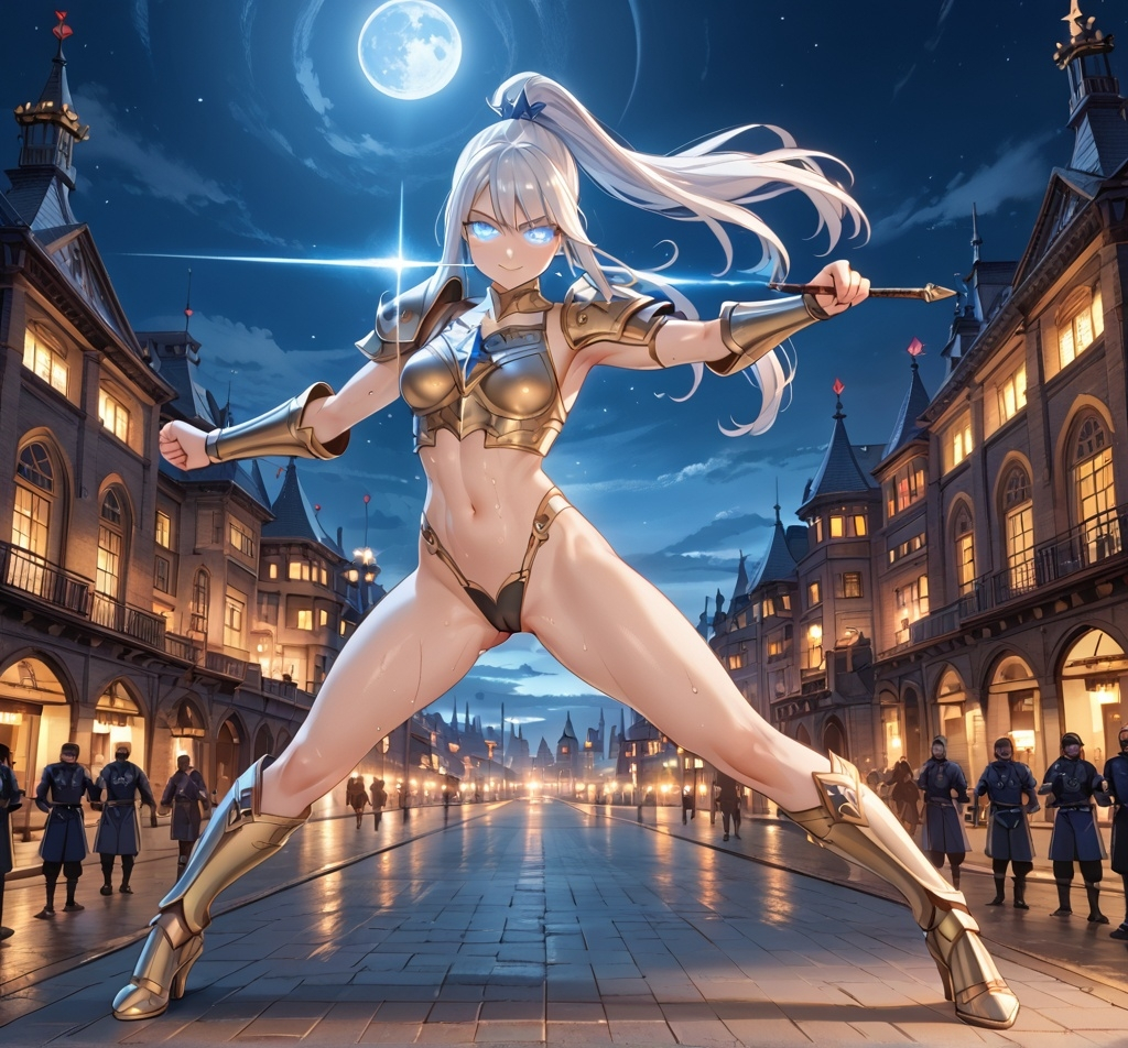 Prompt: Beautiful fit skinny toned drow girl warrioress with long white ponytail hair bkue-grey skin long toned skinny legs wearing a mighty fantasy armor and high hig heels armor boots, beautiful glowing eyes, cute nose, holy knight, fantasy city battlefield at night, cinematic lighting, action, sweaty body, cameltoe, fighting, smiling at viewer, masterpiece 