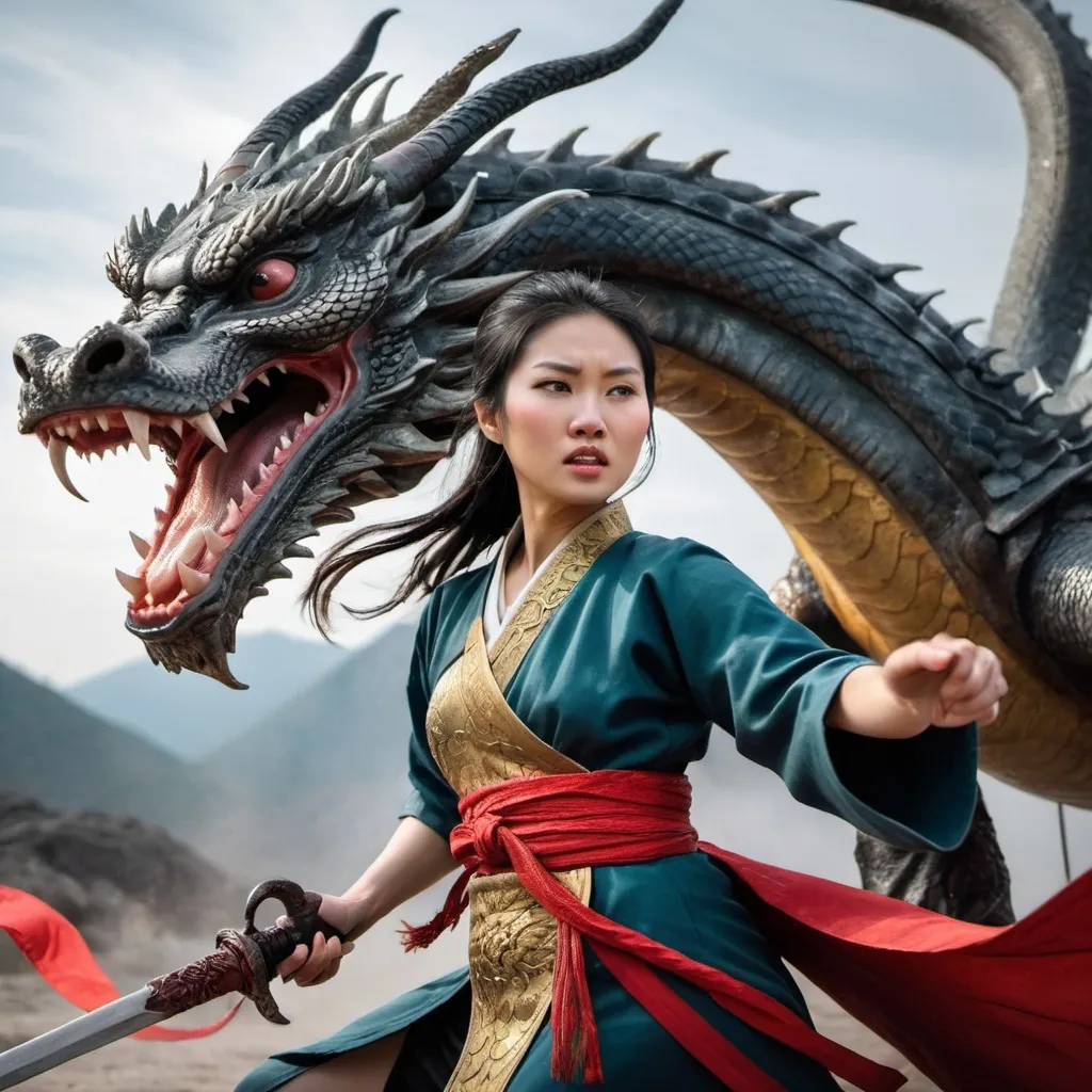 Prompt: an heroic asian woman slaying a dragon.

