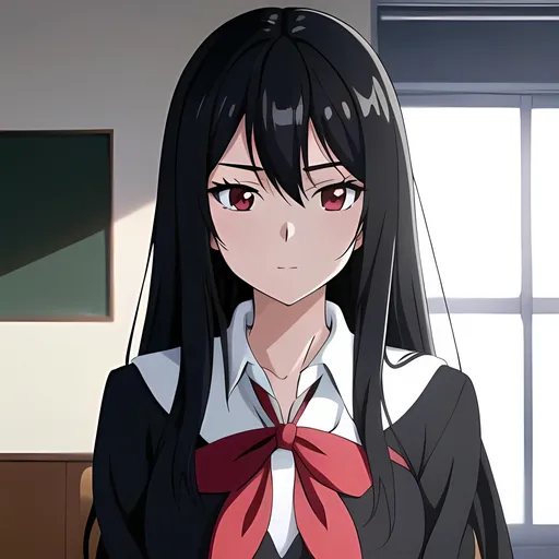Prompt: Detailed anime illustration of a beautiful teenage girl with long black hair, wearing a traditional school uniform, classic style, detailed eyes, highres, elegant, soft lighting, school setting, black hair, high quality, anime, detailed, soft lighting