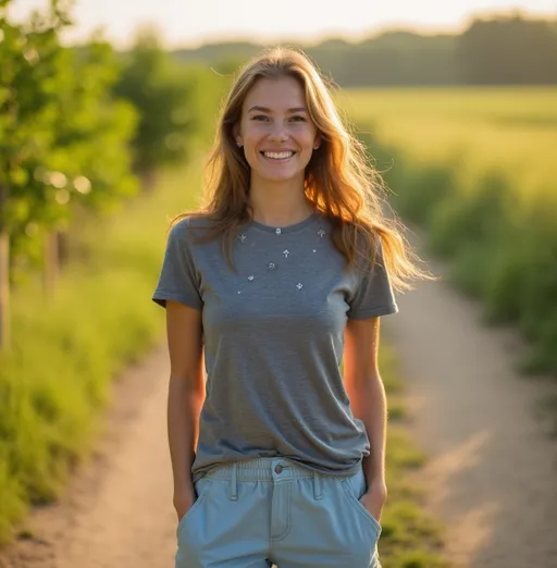 Prompt: Standing confidently on a dirt path, a young woman smiles brightly, showcasing her cheerful demeanor. She wears a fitted gray t-shirt adorned with small embellishments that catch the light, paired with loose, light blue cargo pants that add a casual flair to her look. In the background, lush greenery lines the edges of a field, hinting at a serene rural landscape bathed in the golden light of late afternoon. The overall composition focuses on her relaxed pose and inviting expression, creating a warm, uplifting atmosphere that conveys a sense of joy and community.