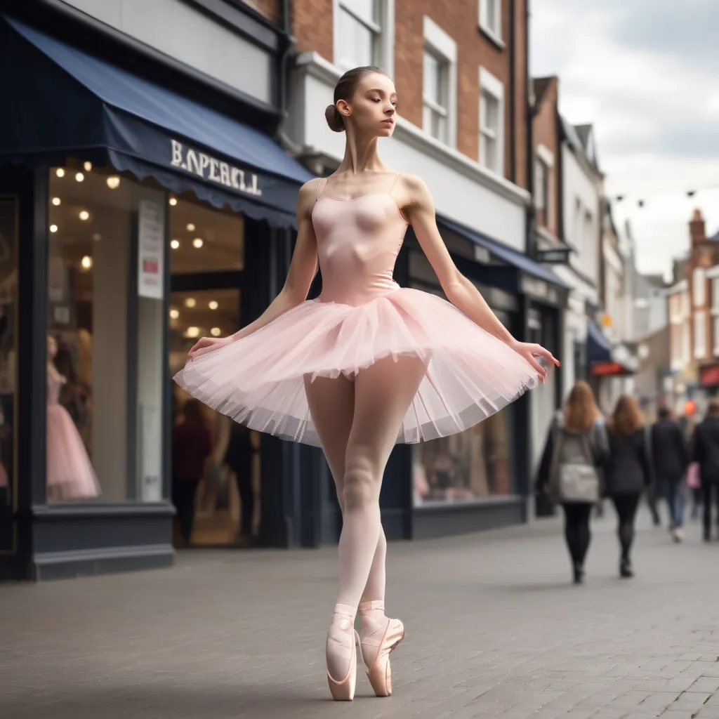 Prompt: Tall young skinny girl ballerina walking down the high street, detailed clothing, realistic, natural lighting View fullbody