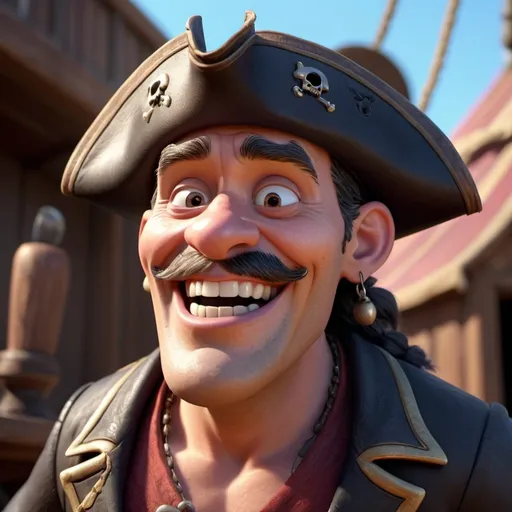 Prompt: Disney pixar character, 3d render style, old pirate evil laugh, cinematic colors