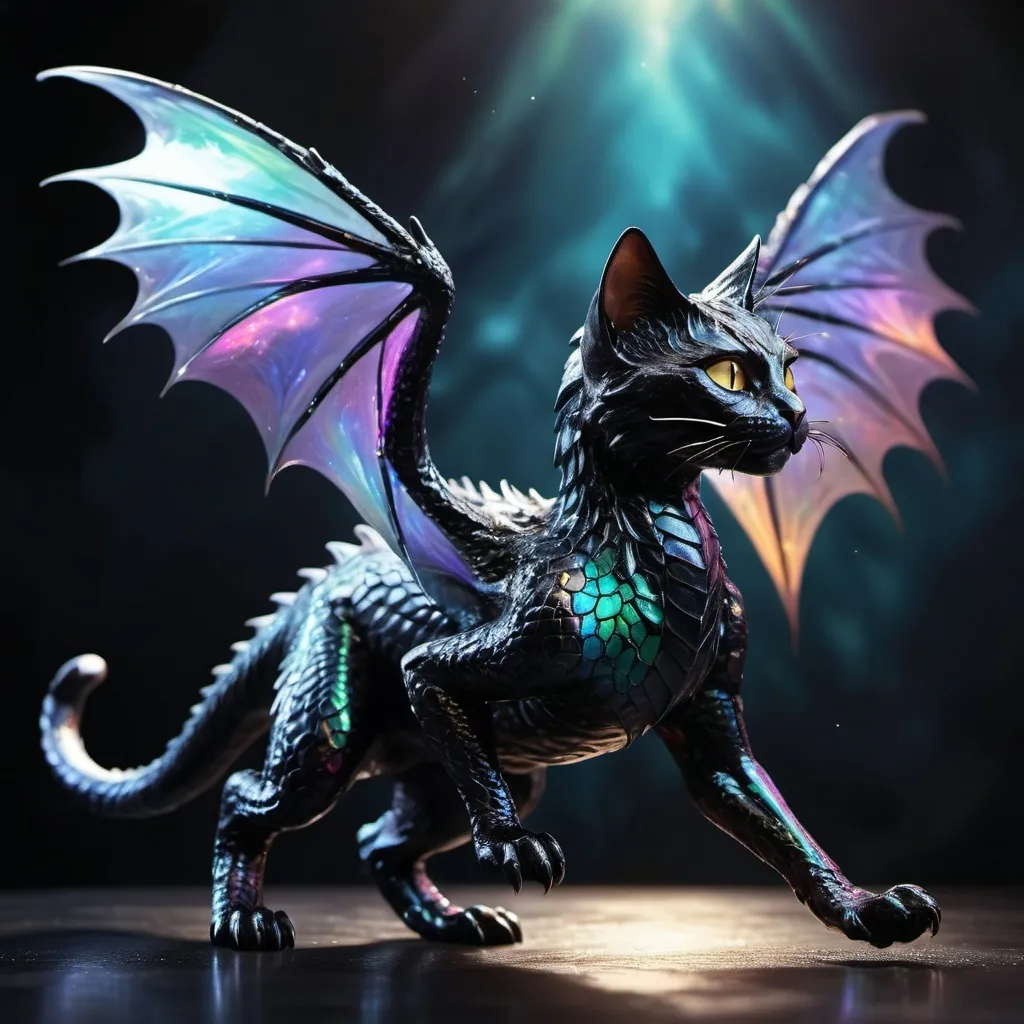 Prompt: (flying black cat/dragon creature) (shiny wings and tail) no background