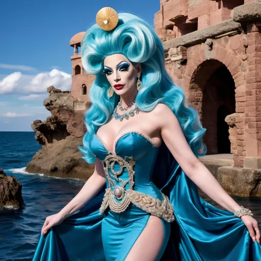 Prompt: The most beautiful drag queen on Neptune wearing the traditional Neptune dress.