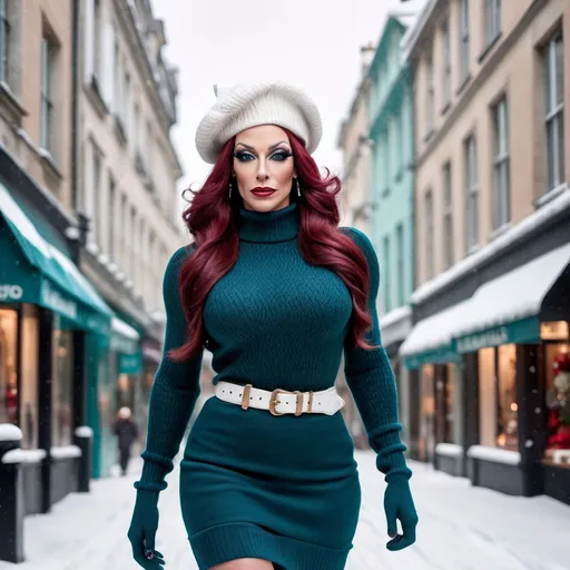 Prompt: (photorealistic) glamour shot of a (gorgeous muscular 35-year-old French drag queen fashion model), walking gracefully on a snow-covered high street, adorned for winter holidays. She has (long dark red tresses), (gorgeous yet masculine facial features), (large busom), wearing a white beret, (teal cable knit sweater, long belted suede skirt with fringe trim), fur trimmed boots, tartan wool scarf, white gloves, carrying a stylish leather purse, (bright engaging smile showing her perfect teeth), sparkling festive lights twinkling in the blurred background, (vibrant colorful scene) evoking (sophisticated elegance), (high detail & quality), (8k), (professional photography), warm and cheerful ambiance, warm professional floodlighting showcasing the vibrant colors of her stylish fashionable outfit.