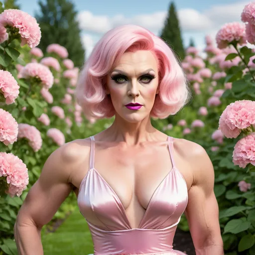 Prompt: Greg Davies dressed up as a Gorgeous 30-year-old Finnish drag queen bodybuilder with short stylish pink hair wearing a short, airy dress, in a flower garden. Professional photography, natural lighting, canon lens, shot on dslr 64 megapixels sharp focus