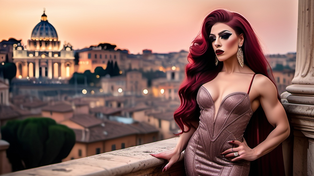 Prompt: (ultra-detailed) image of a Gorgeous ultra-muscular 25-year-old Syrian drag queen bodybuilder with very long professionally styled Dark red hair wearing a very delicate dress by Valentino, dark eyeshadow and dark red lipstick, set against a picturesque backdrop of Rome, pastel color palette, soft and elegant textures, warm ambient lighting, romantic atmosphere, ornate architecture in the background, gentle shadows playing across the fabric, high fashion elegance, sophisticated vibe, capturing the essence of luxury and artistry, enchanting scenery, dreamy aesthetic.