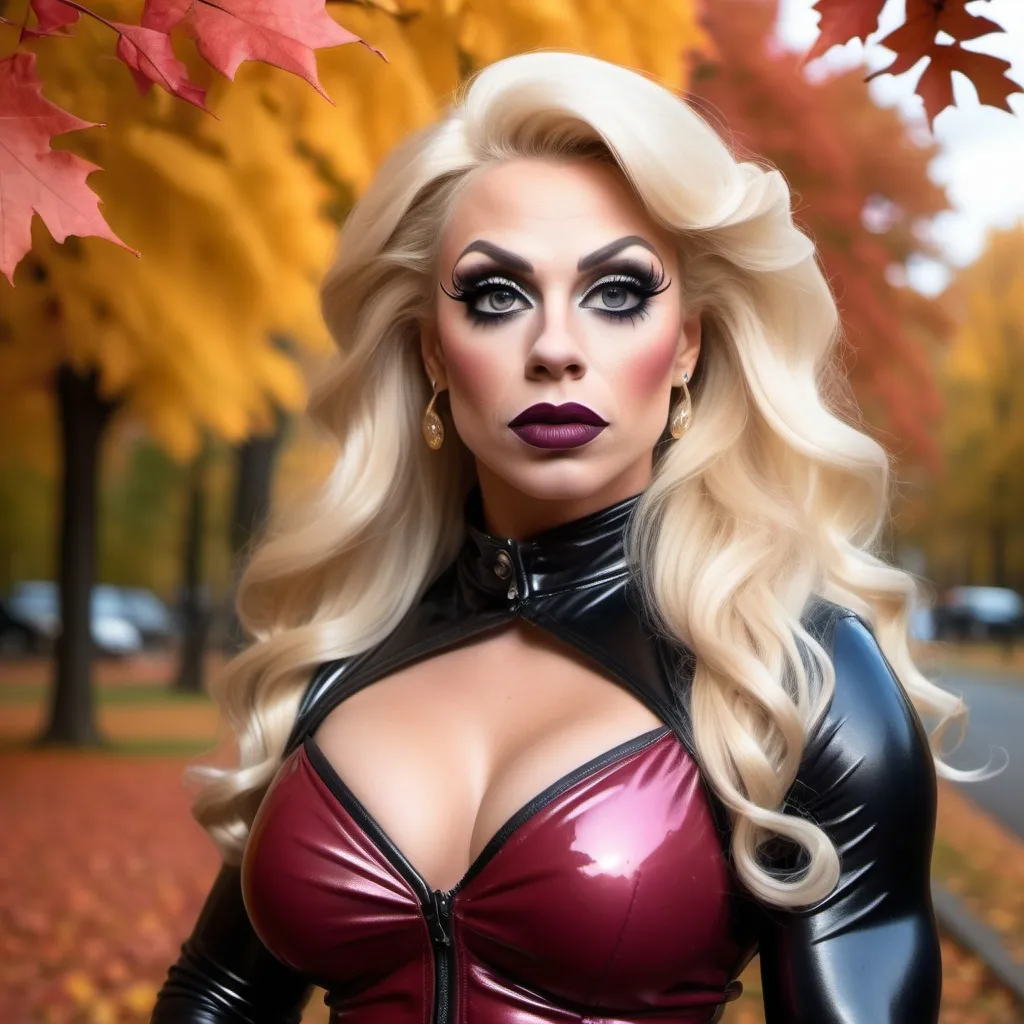 Prompt: Gorgeous ultra-muscular 25-year-old Finnish drag queen bodybuilder dressed as the cute and bubbly girl next door. Long straight shiny blonde hair, dark smoky eyeshadow, heavy mascara, dark red lipstick.  Walking through the park on a beautiful autumn day. Leaves falling.