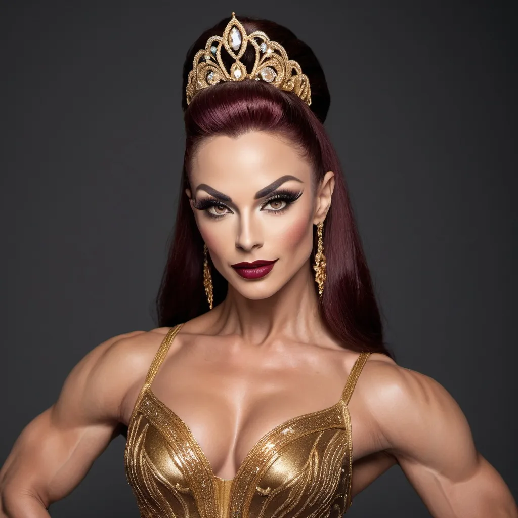 Prompt: A stunningly beautiful muscular ballet dancer(A 30-year-old Caucasian Polish drag queen bodybuilder, with flawless porcelain skin, perfectly symmetrical and very masculine facial features, enchanting almond-shaped eyes, and a radiant smile. Her figure is impeccably muscular, dark eye makeup, dark lipstick,  heavymascara, dark red hair), dressed in a golden ballet costume, performed a flawless ‘Grand Jeté with backbend’ on stage, earning thunderous applause from the audience.
Splash art, hyper detailed, ultra realistic, highly detailed,
Perfect studio lighting, perfect shading, impeccable contrast, HDR, UHD, high res, 64k
