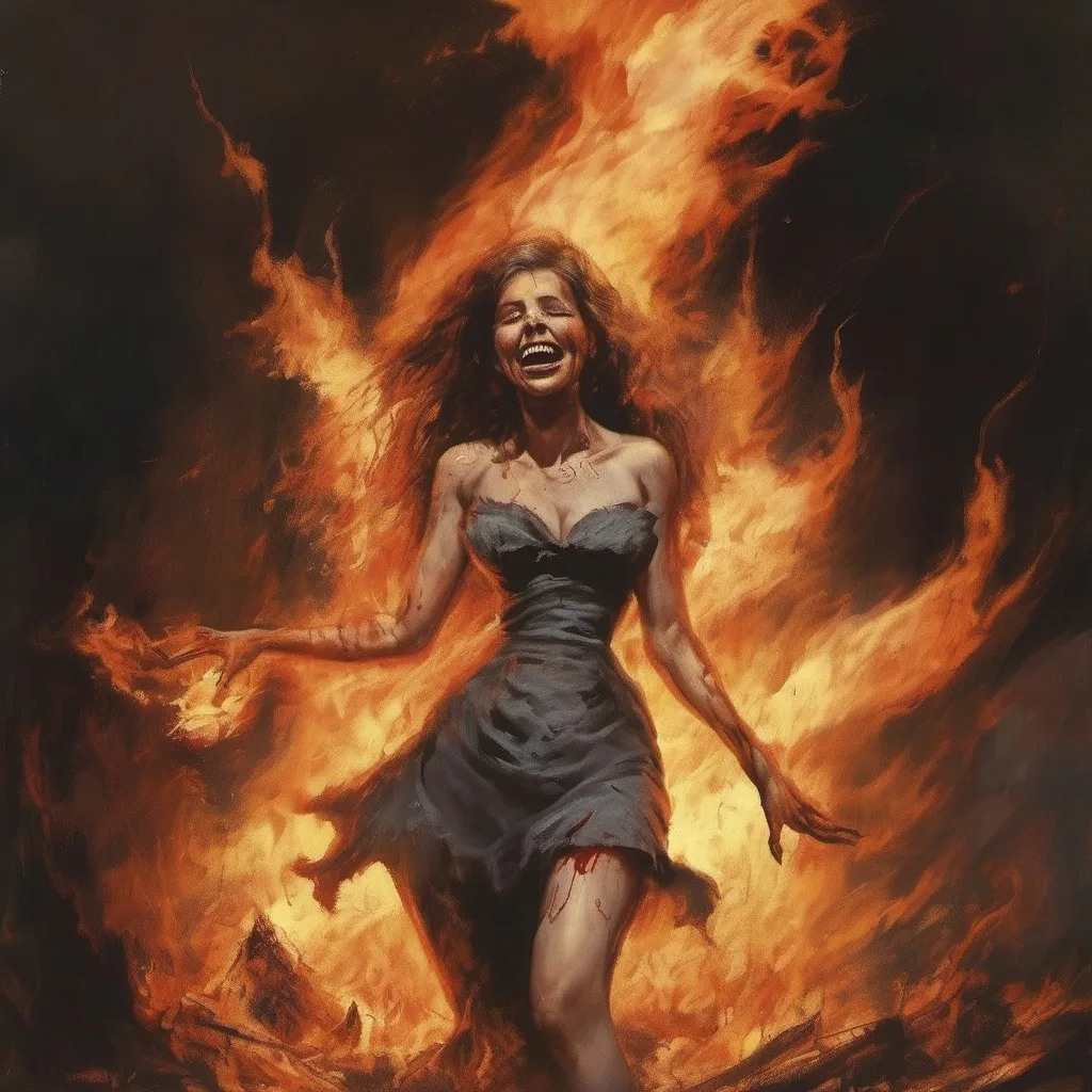 Prompt: Now it's burning her hands
She's turning to laugh
Smiles as the flame sears her flesh
Melting her face, screamin' in pain
Peeling the skin from her eyes
Watch her die according to plan
She's dust on the ground, what did we learn?