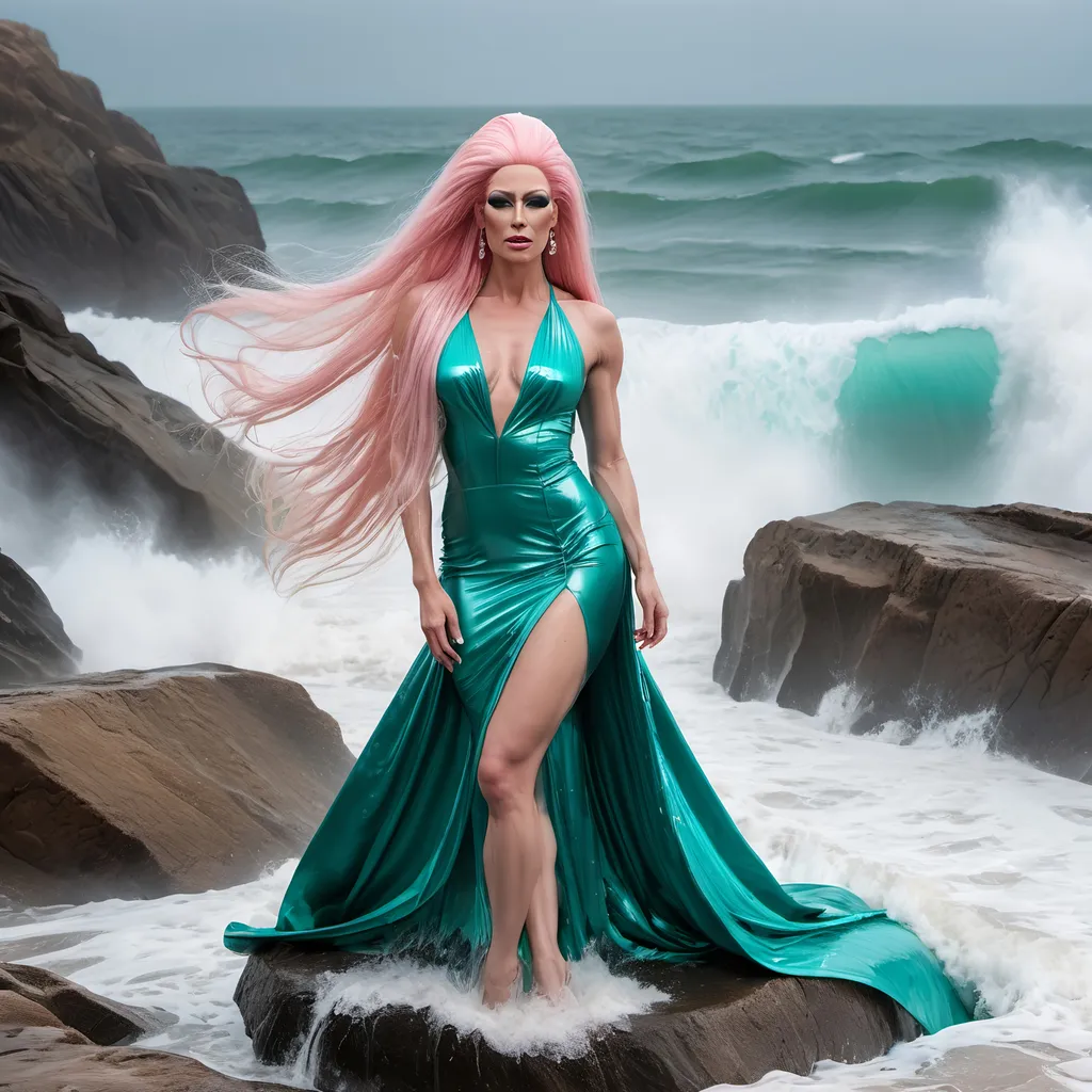 Prompt: A glamorous, gorgeous,  muscular 35-year-old Czechian drag queen with very long straight Pink hair, standing on a rock on the beach with waves crashing down on her, 
She is wearing a teal mini wedding dress and is soaking wet.
rainy weather, Wet face, Wet hair, water flowing from her body.
full body shot, hyper detailed, ultra realistic, highly detailed, surreal heavy mist, AI defined exquisitely beautiful, totally ultra realistic, gorgeously detailed, perfect body proportions, pale, ultra glamorous, perfect shading, impeccable contrast, HDR, UHD, high res, 64k