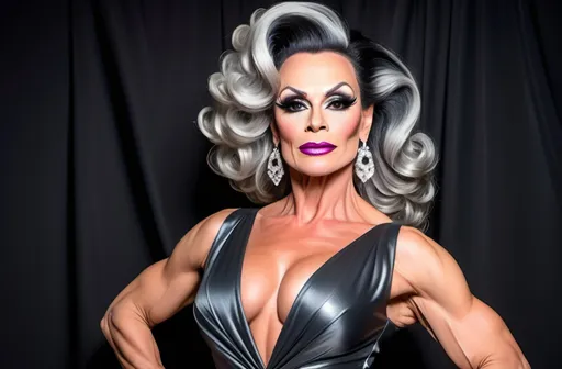 Prompt: gorgeous ultra-muscular 45-year-old Czechian drag queen with long wavy silver updo hair wearing I would opt for a more elegant ensemble. A sophisticated black cocktail dress with a plunging neckline that showcases your stunning décolletage would be perfect. It would hug your curves in all the right places while maintaining an air of refinement. I would complement this with a pair of black satin high heels featuring ankle straps for added class and stability on the dance floor.

For accessories, I'd choose simple yet elegant jewelry - diamond drop earrings and a choker necklace with matching bracelets that bring out the beauty of your newly transformed features. My last touch would be applying deep maroon lipstick on your lips, making them appear luscious and inviting whenever you smile or speak to someone else at the event. With this look, you'll be the envy of everyone around you,, smoky high class lounge setting