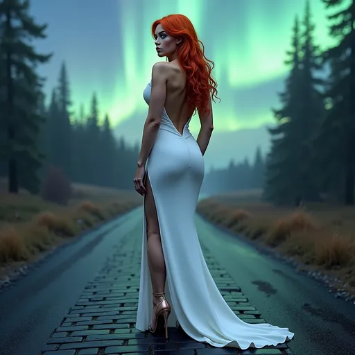 Prompt: Gorgeous ultra-muscular 25-year-old Finnish drag queen bodybuilder with huge busom and shoulder length styled dark orange hair, wearing a long backless white gown, and 8 inch stiletto high heel shoes, standing in wilderness with the northern lights in the background, full body shot, cobblestone street, 5 0 0 px models, amazement, photo render, eye-candy, a woman with blue eyes gazing longingly at the viewer, perfect skin, no blemishes, perfect white teeth, aquiline features, detailed makeup, flawless,