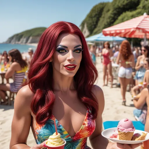 Prompt: Gorgeous (ultra-muscular) 25-year-old French drag queen, (long stylish dark red hair), wearing a stylish summer dress, enjoying ice cream at a vibrant beach BBQ, (sunny ambiance), (colorful beach setting), surrounded by joyful friends and delicious food, bright and lively atmosphere, (high-quality), (4K), (ultra-detailed) summer scene.